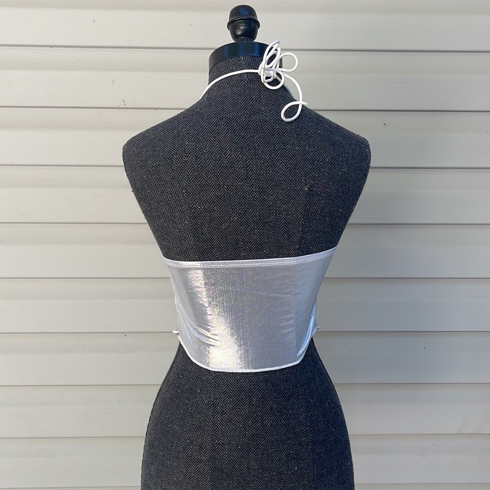 Heart Ring Linked Tie Backless Halter Top Silver Size XS - Picture 5 of 5